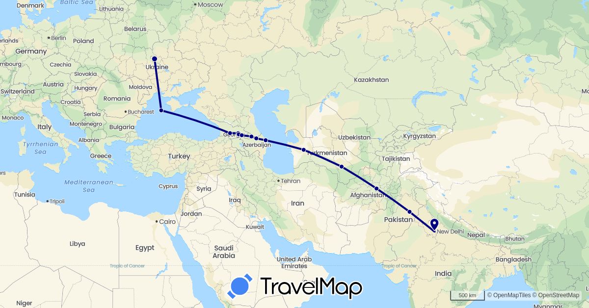TravelMap itinerary: driving in Afghanistan, Azerbaijan, Georgia, India, Pakistan, Turkmenistan, Ukraine (Asia, Europe)